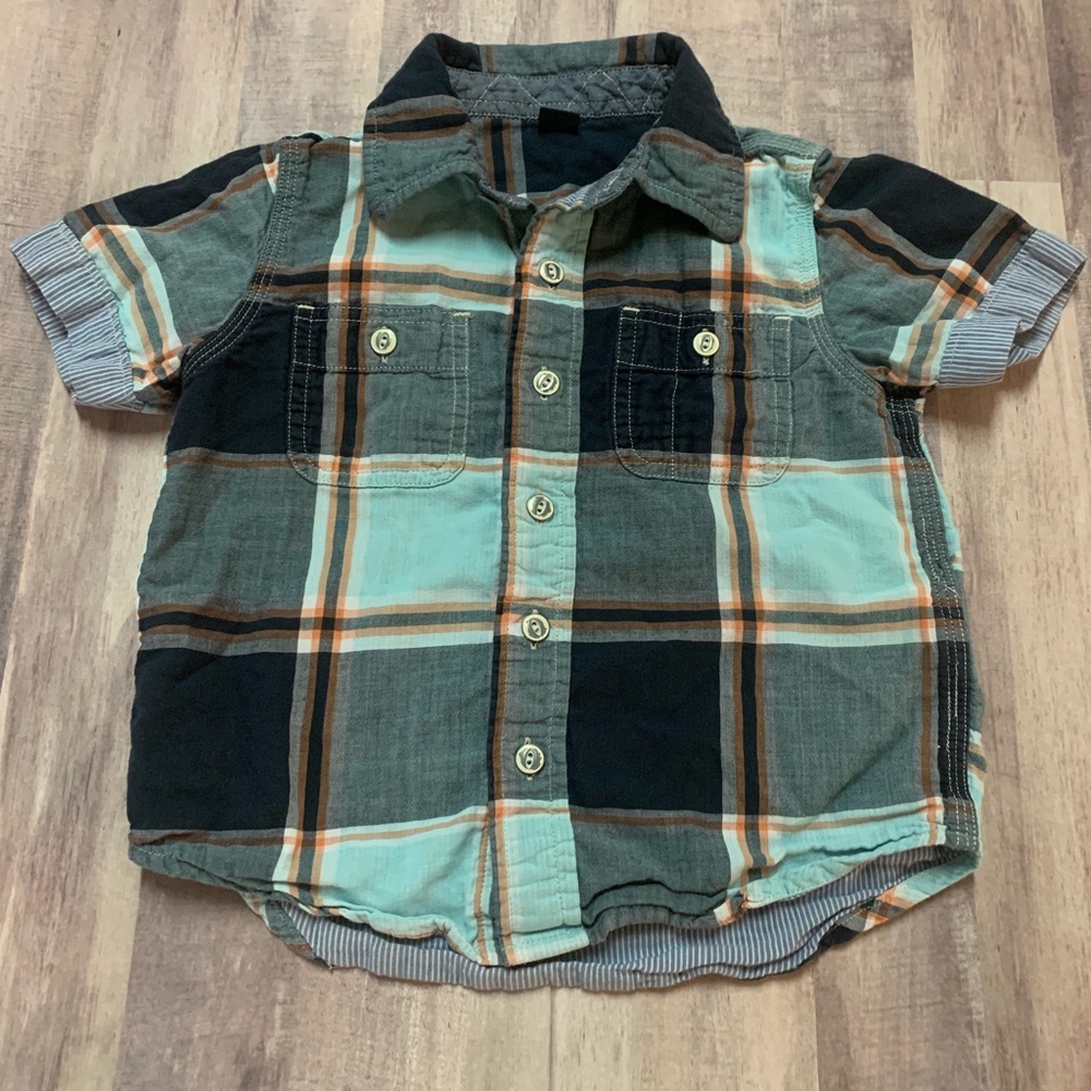 GAP Kids Plaid Button Down Shirt - Black, Teal, Orange - 3T